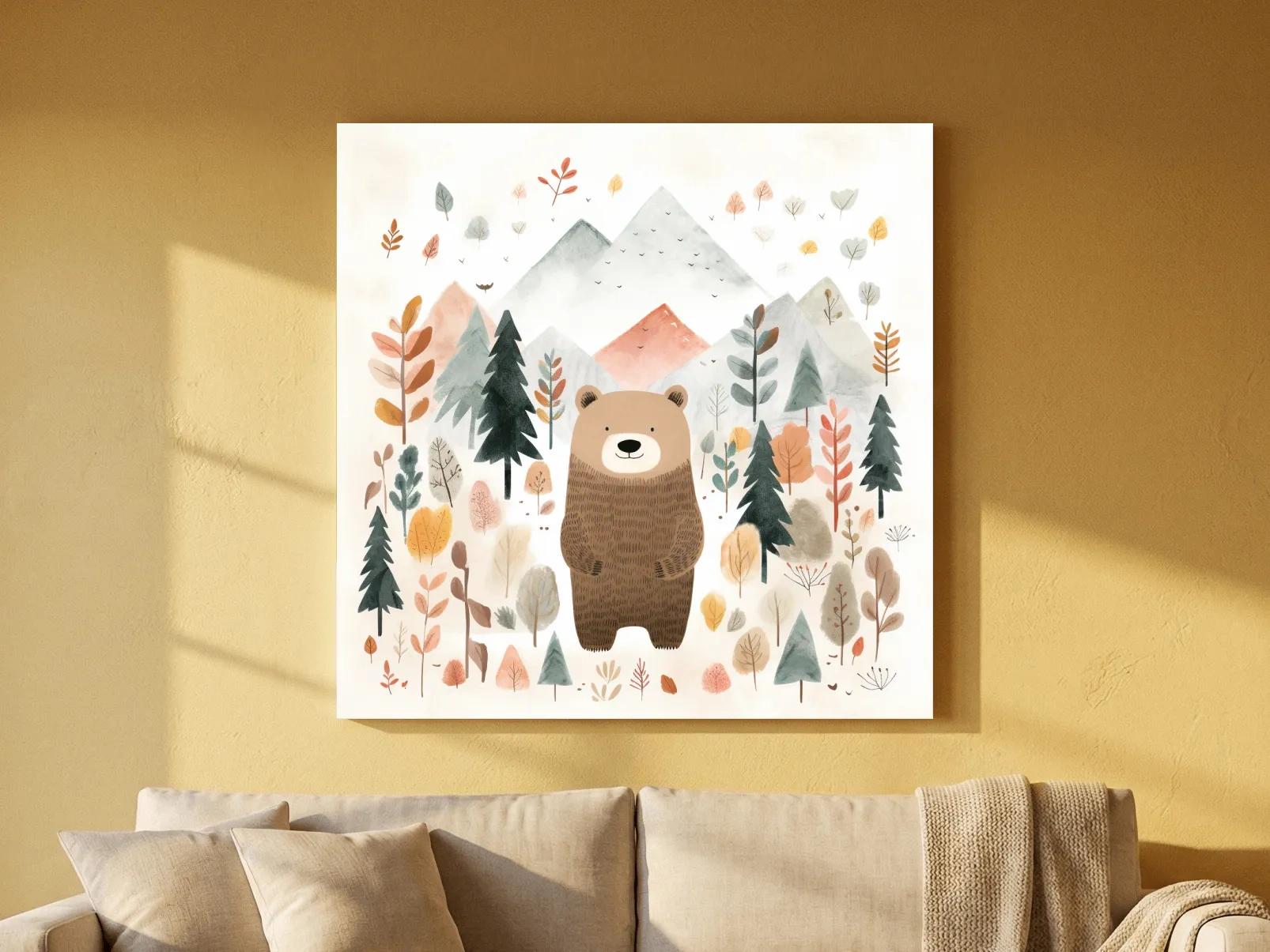 Cute Watercolor Bear Bear In Forest - Whimsical Mountain Nursery Wall Art
