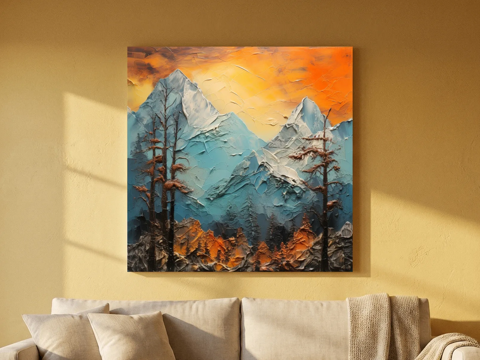 Abstract Alpine Mountains At Sunset - Impasto Effect Landscape Wall Art