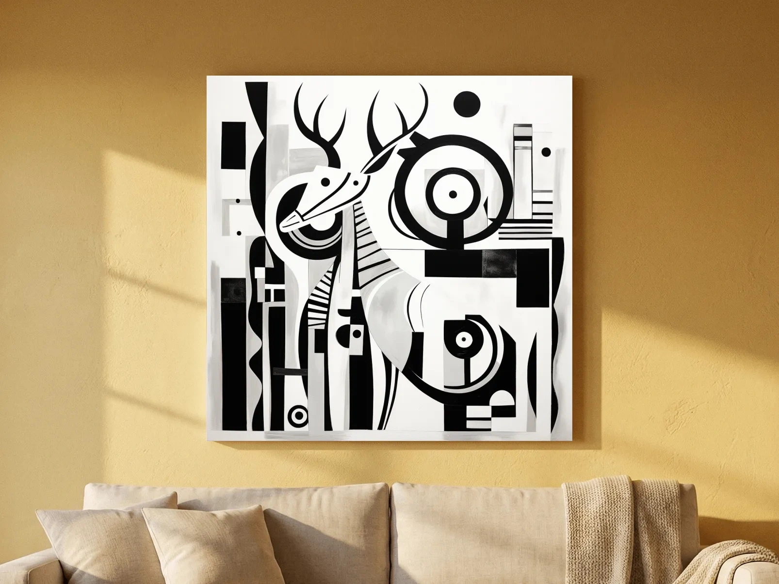 Abstract Geometric Deer Artwork - Mid-Century Black And White Animal Wall Art