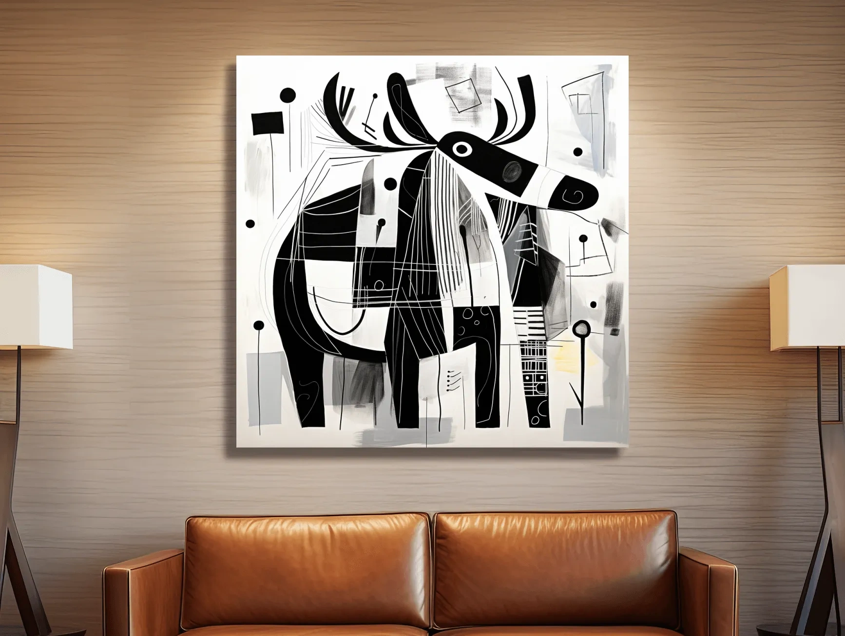 Abstract Monochrome Moose Illustration - Modern Geometric Wildlife Wall Art