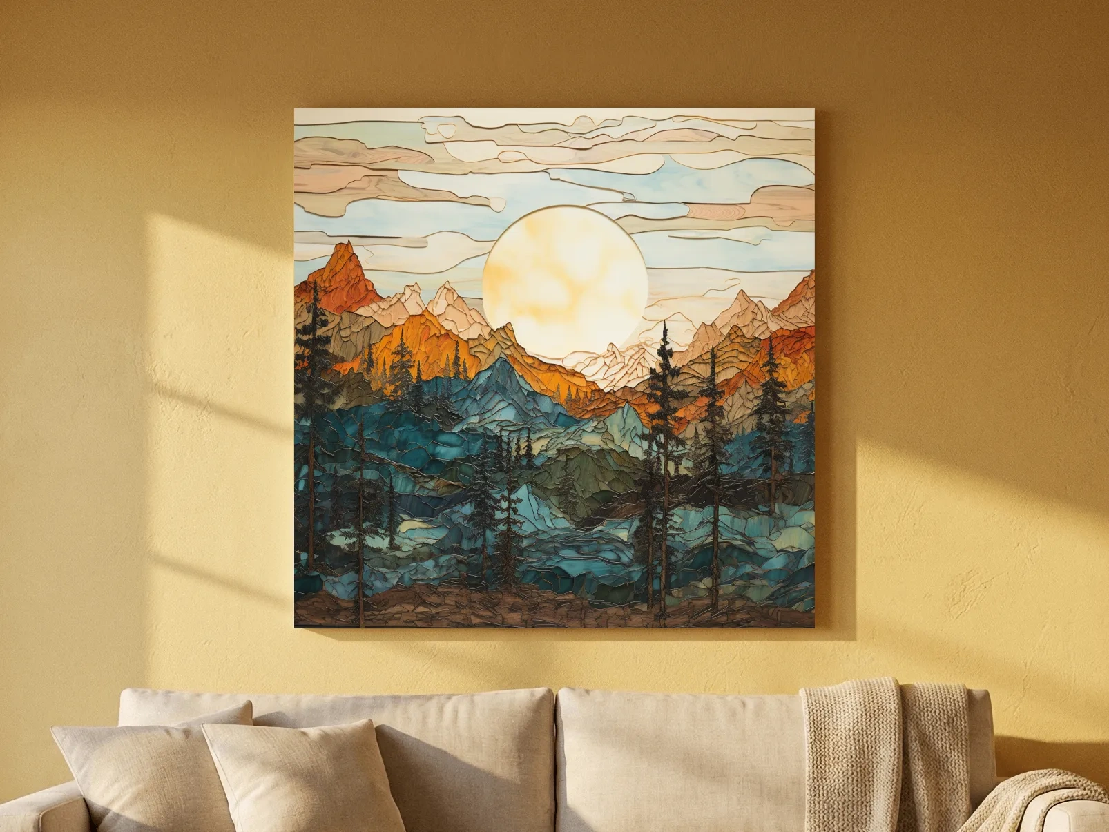 Stained Glass Mountain Sunset Landscape - Colorful Mosaic Forest Wall Art