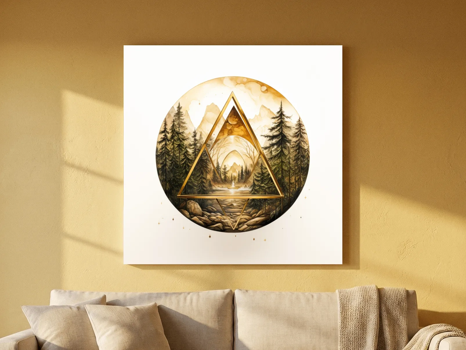 Rustic Mountain Forest Watercolor - Gold Sepia Landscape Wall Art