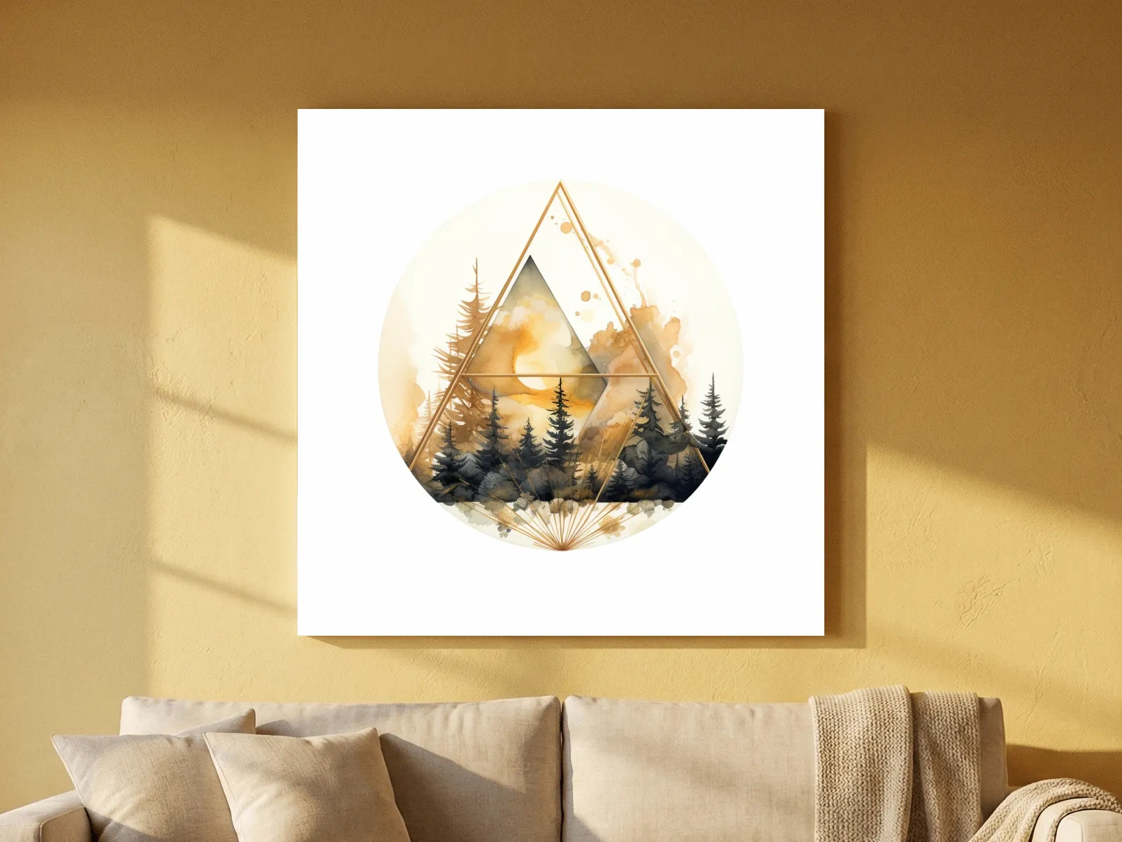 Elegent Geometric Watercolor Mountain Forest - Modern Rustic Landscape Wall Art