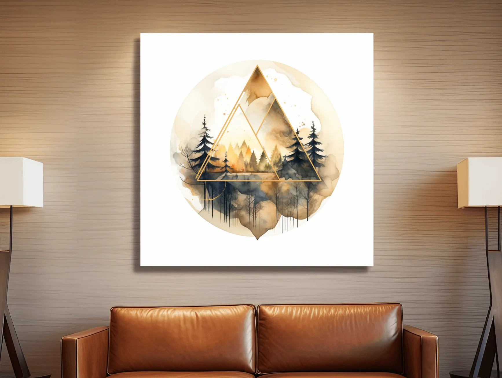 Geometric Watercolor Mountain Forest Landscape - Modern Rustic Nature Wall Art