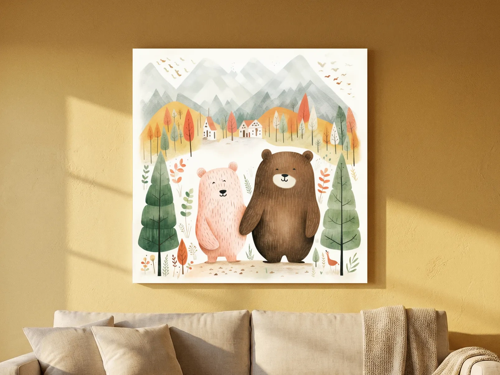 Cute Bear Couple Watercolor Illustration - Whimsical Mountain Forest Nursery Wall Art