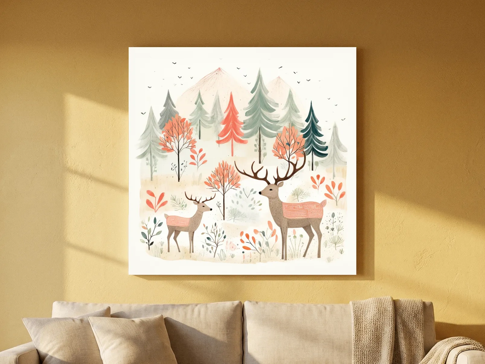 Whimsical Watercolor Deer Forest Storybook Scene - Scandinavian Woodland Nursery Wall Art