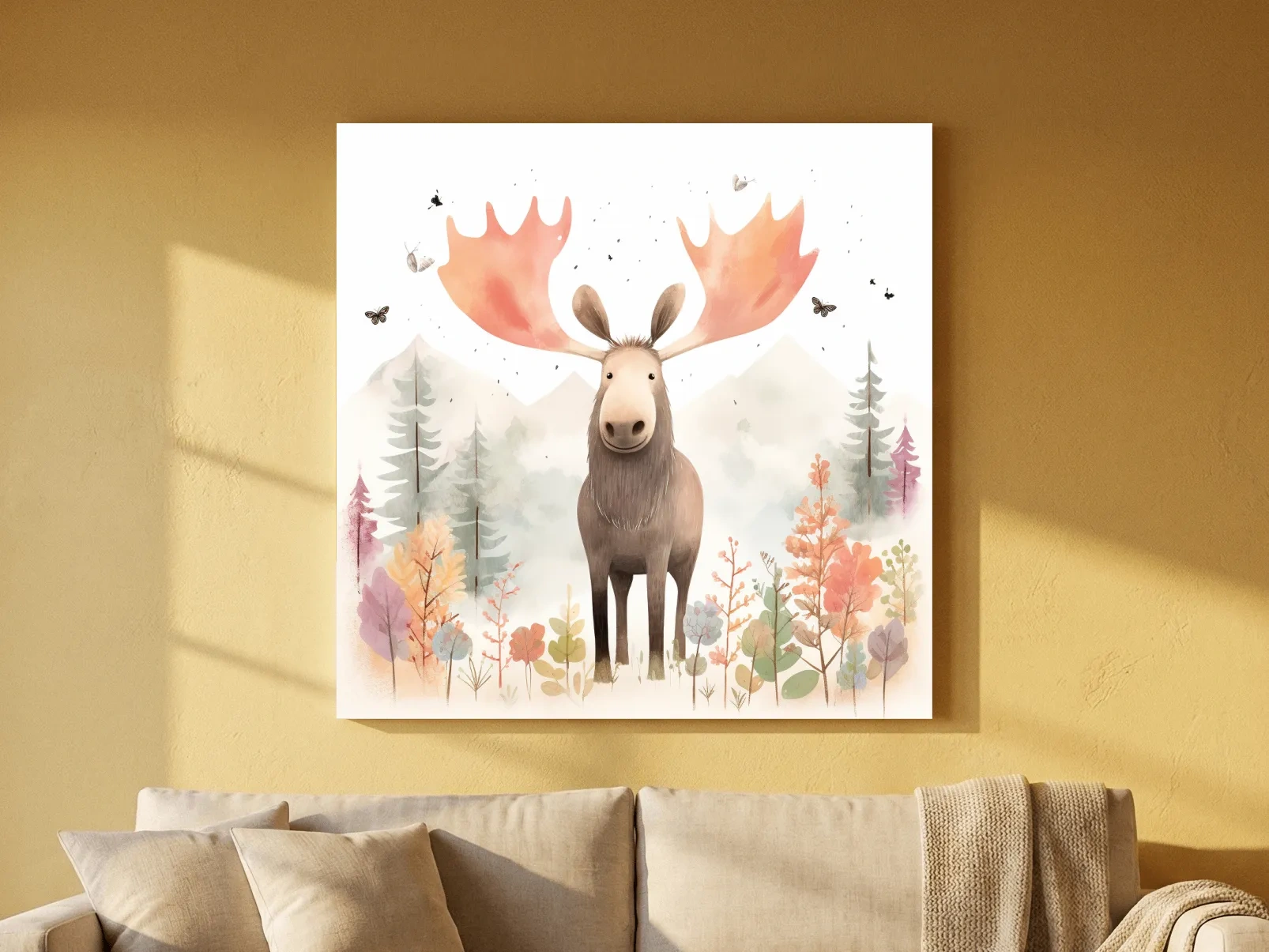 Whimsical Watercolor Moose In Pastel Forest - Storybook Nursery Animal Wall Art