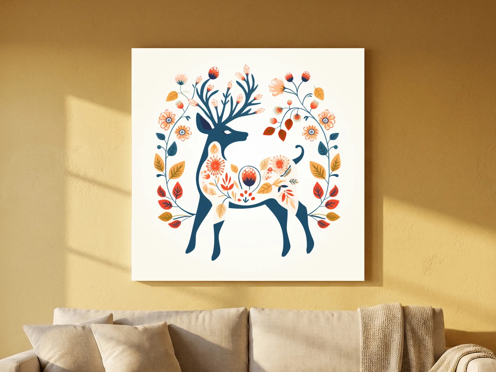 Folk Art Floral Deer Silhouette - Scandinavian Woodland Wall Art