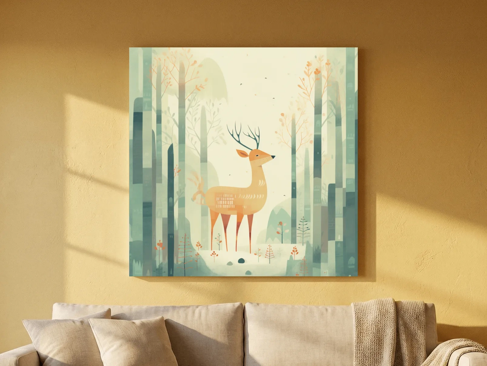 Whimsical Deer In Misty Forest - Minimalist Woodland Nursery Wall Art