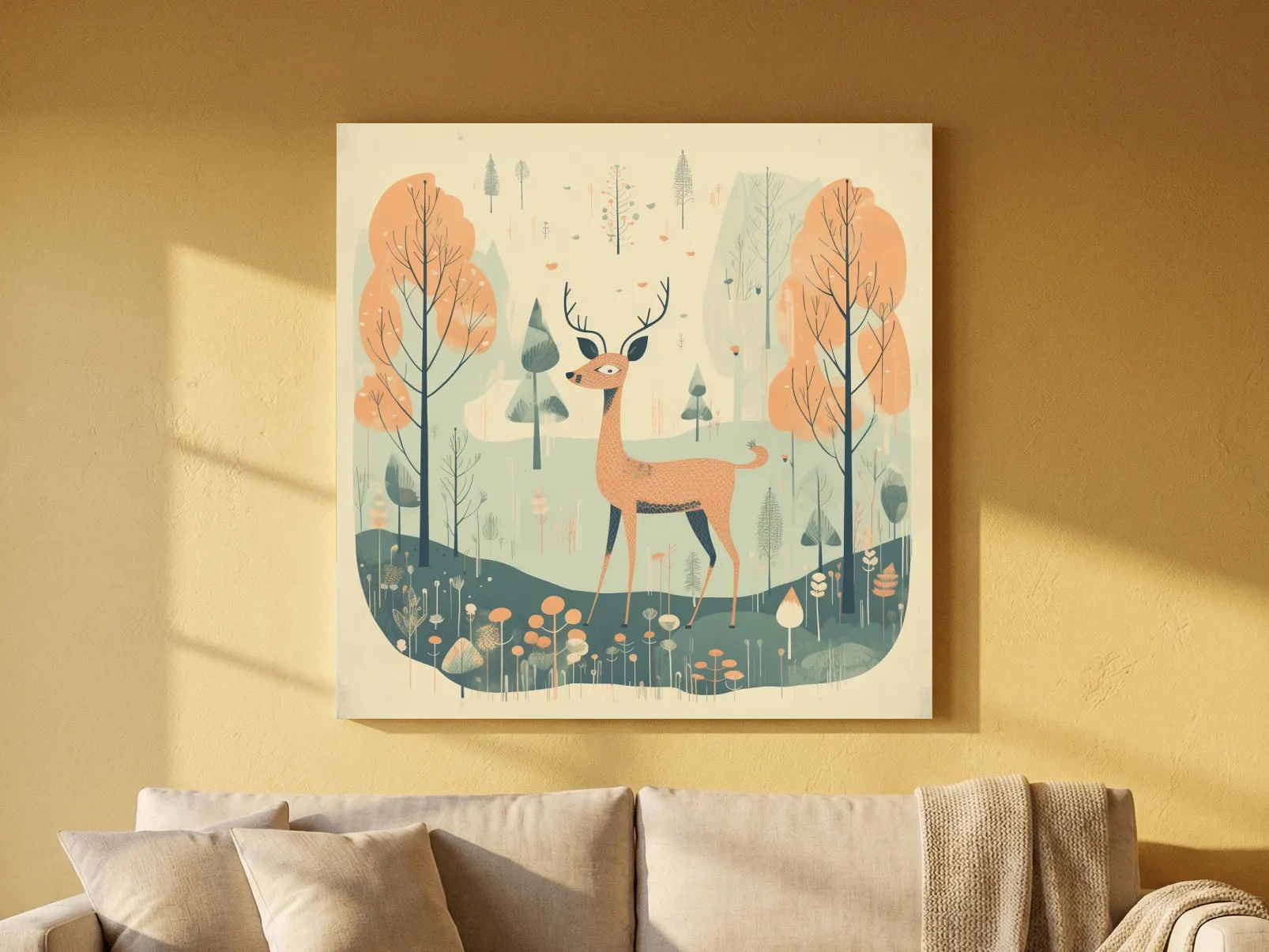 Whimsical Deer in Pastel Forest Illustration - Folk Art Woodland Nursery Wall Art