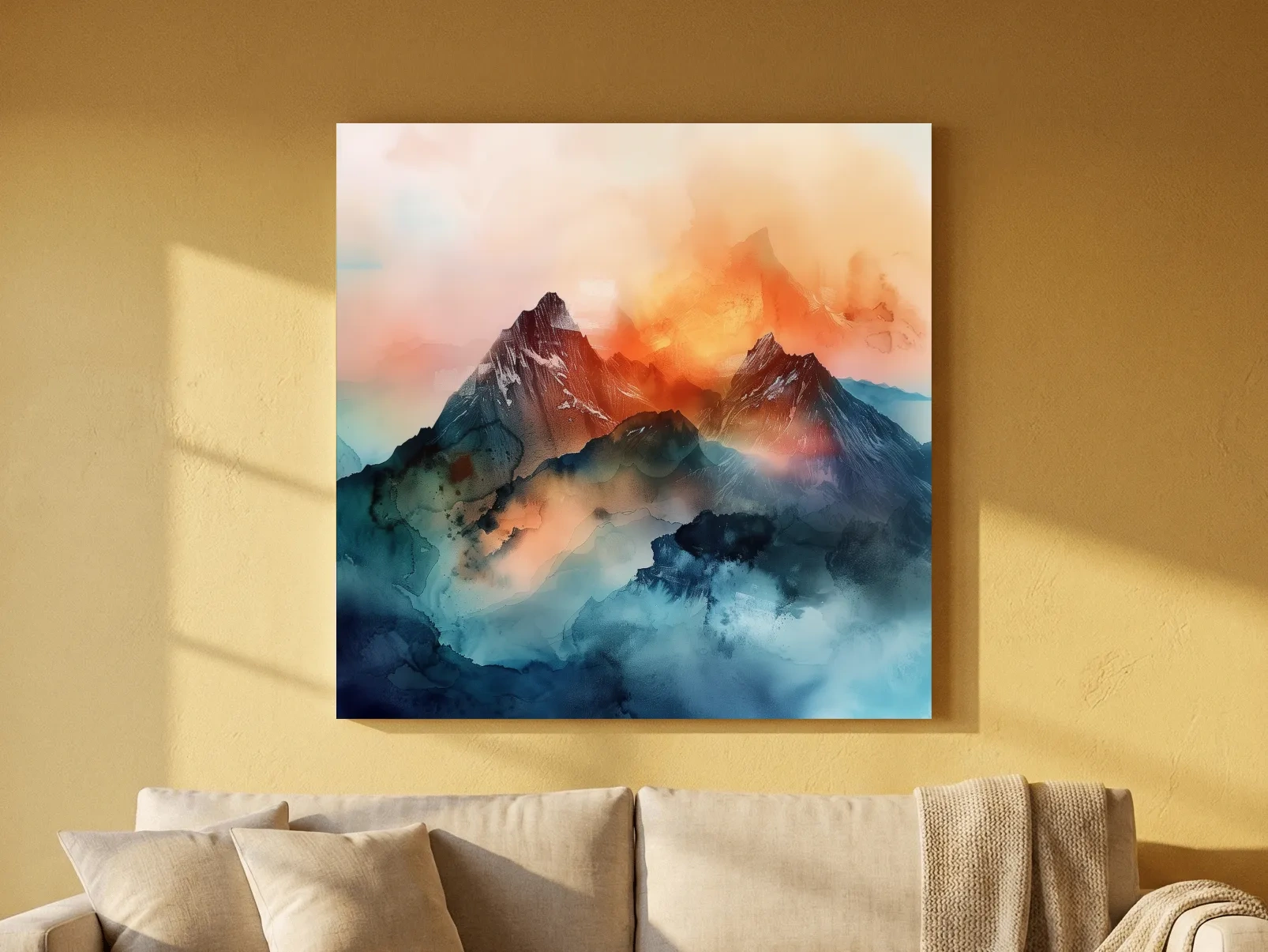 Vibrant Abstract Alpine Mountain Sunrise - Watercolor Landscape Artwork