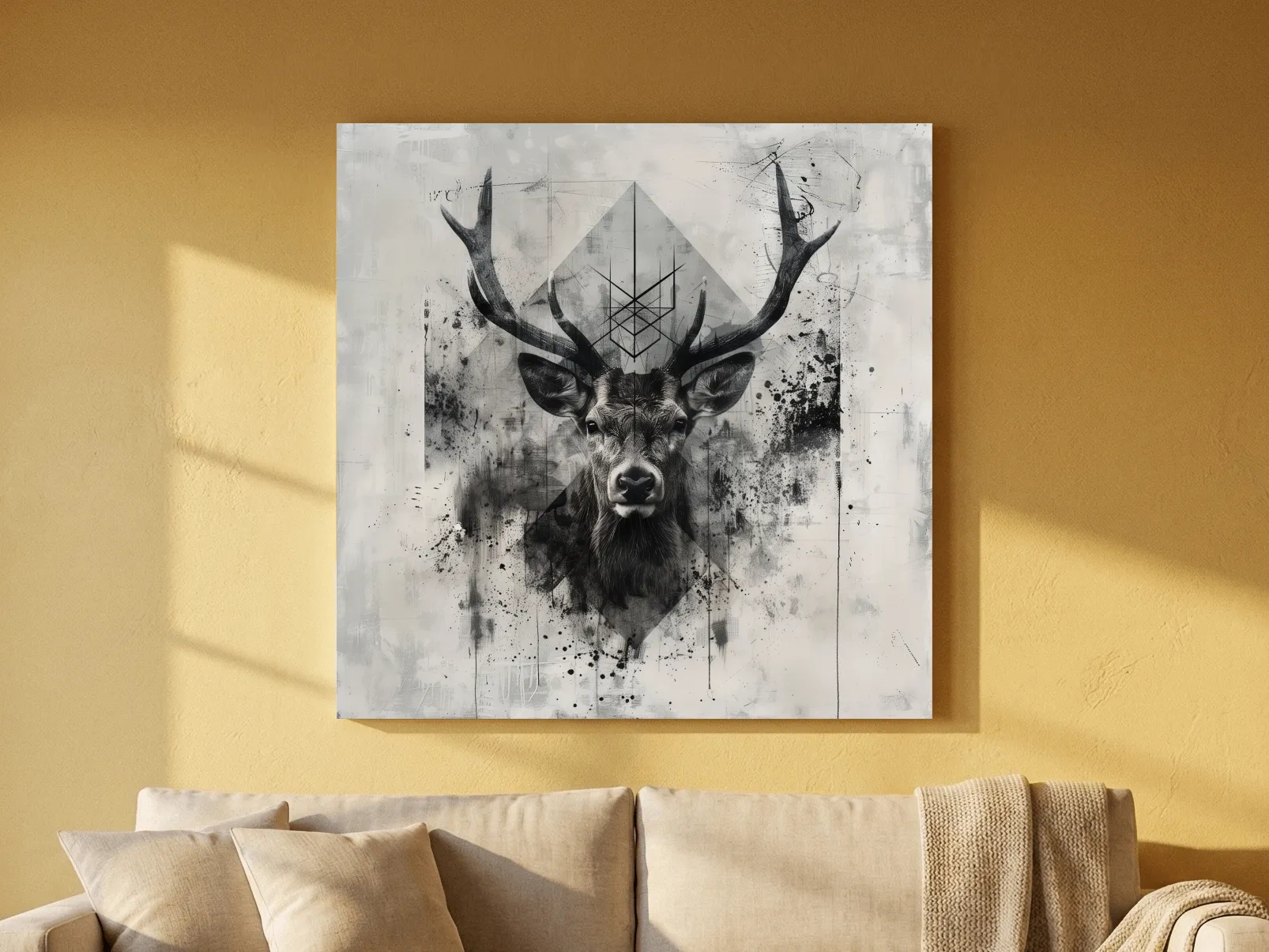Tribal Monochrome Deer Stag Portrait - Tattoo Style Wildlife Wall Art