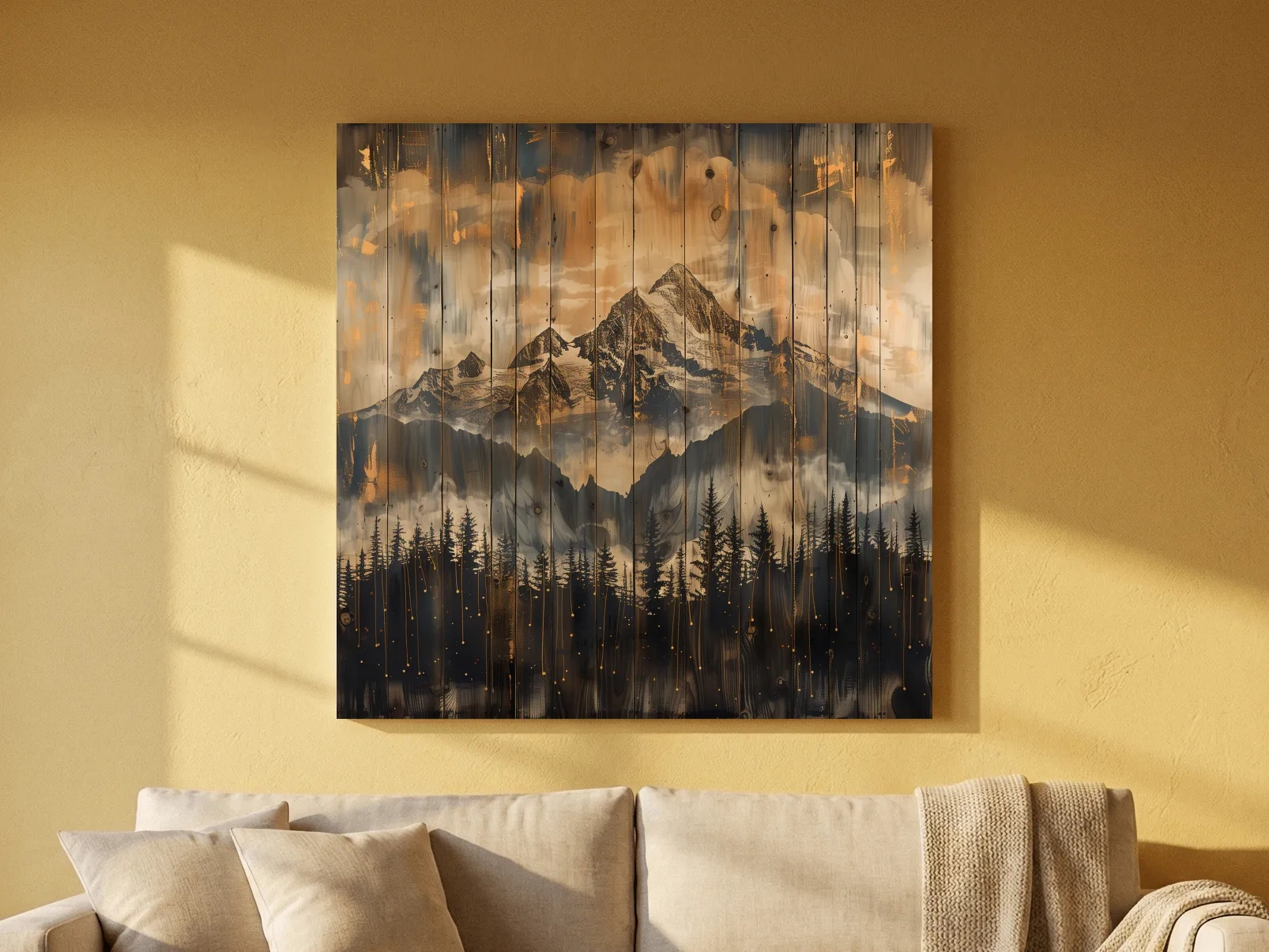 Rustic Mountain Range Over Pine Forest - Vintage Wood Panel Style Landscape Artwork
