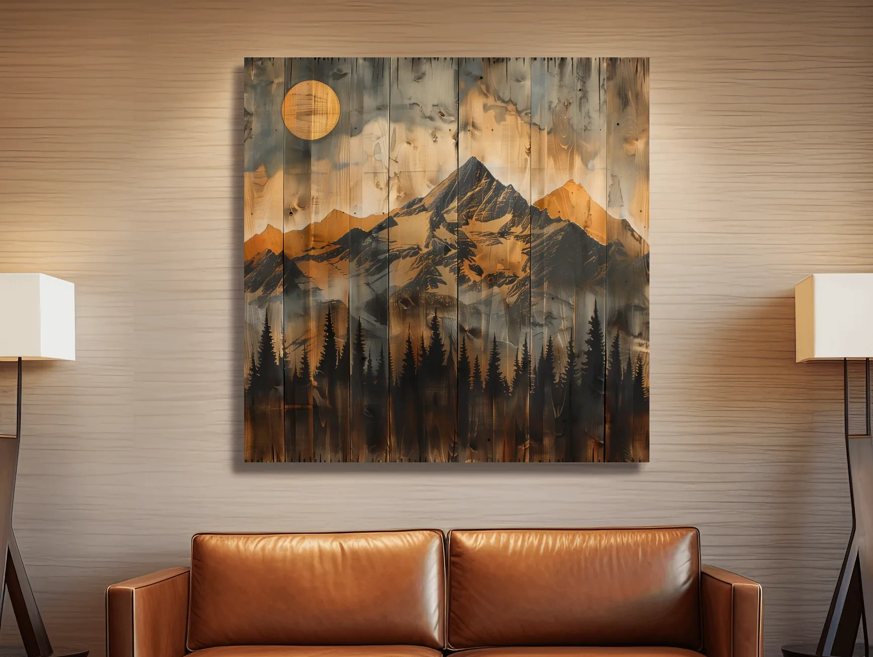 Rustic Woodgrain Mountain Sunset Artwork - Vintage Pine Forest Wall Art