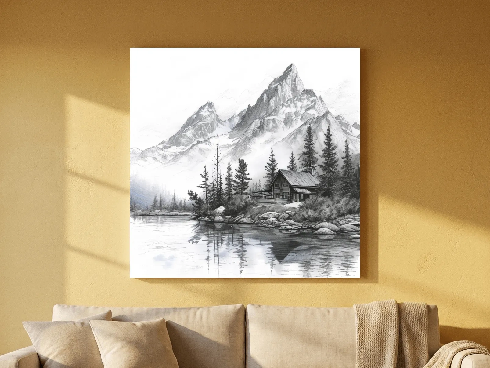 Monochrome Mountain Lake Cabin Sketch - Rustic Alpine Glacier Wall Art