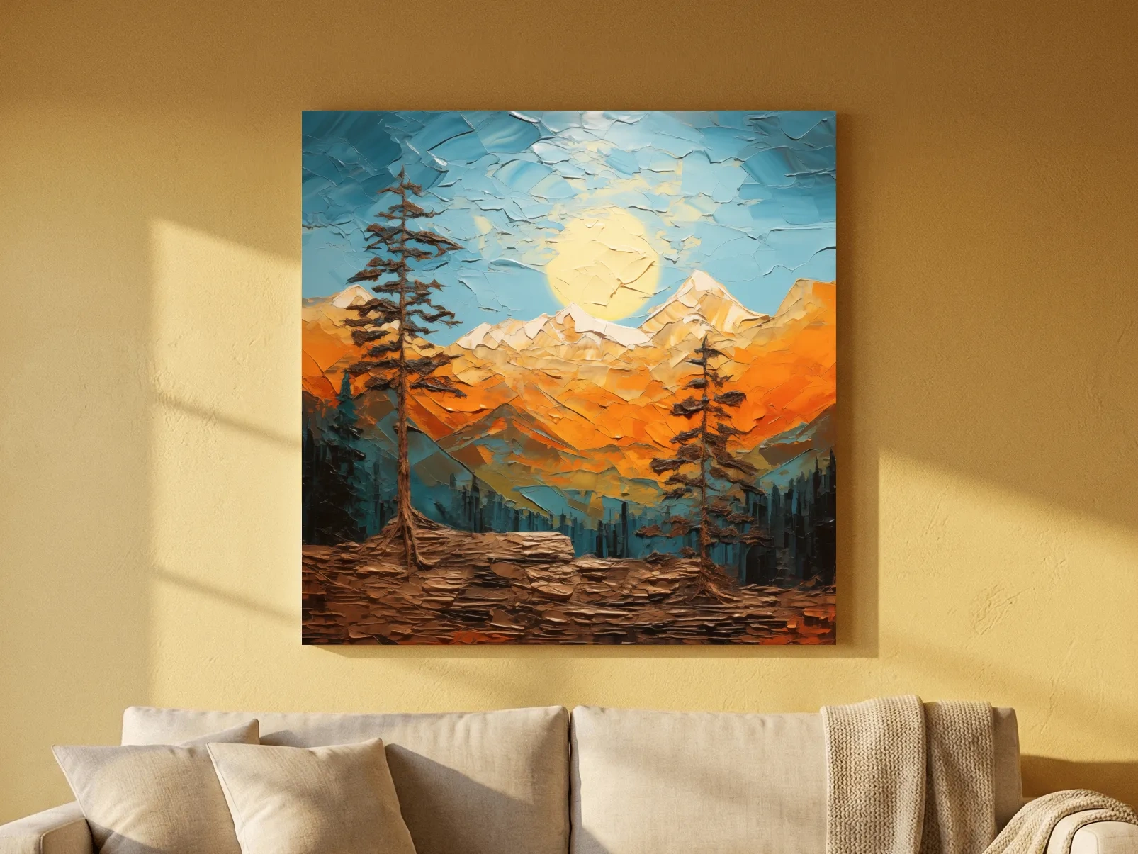 Impasto Style Mountain Sunrise Landscape - Bold Alpine Wall Art