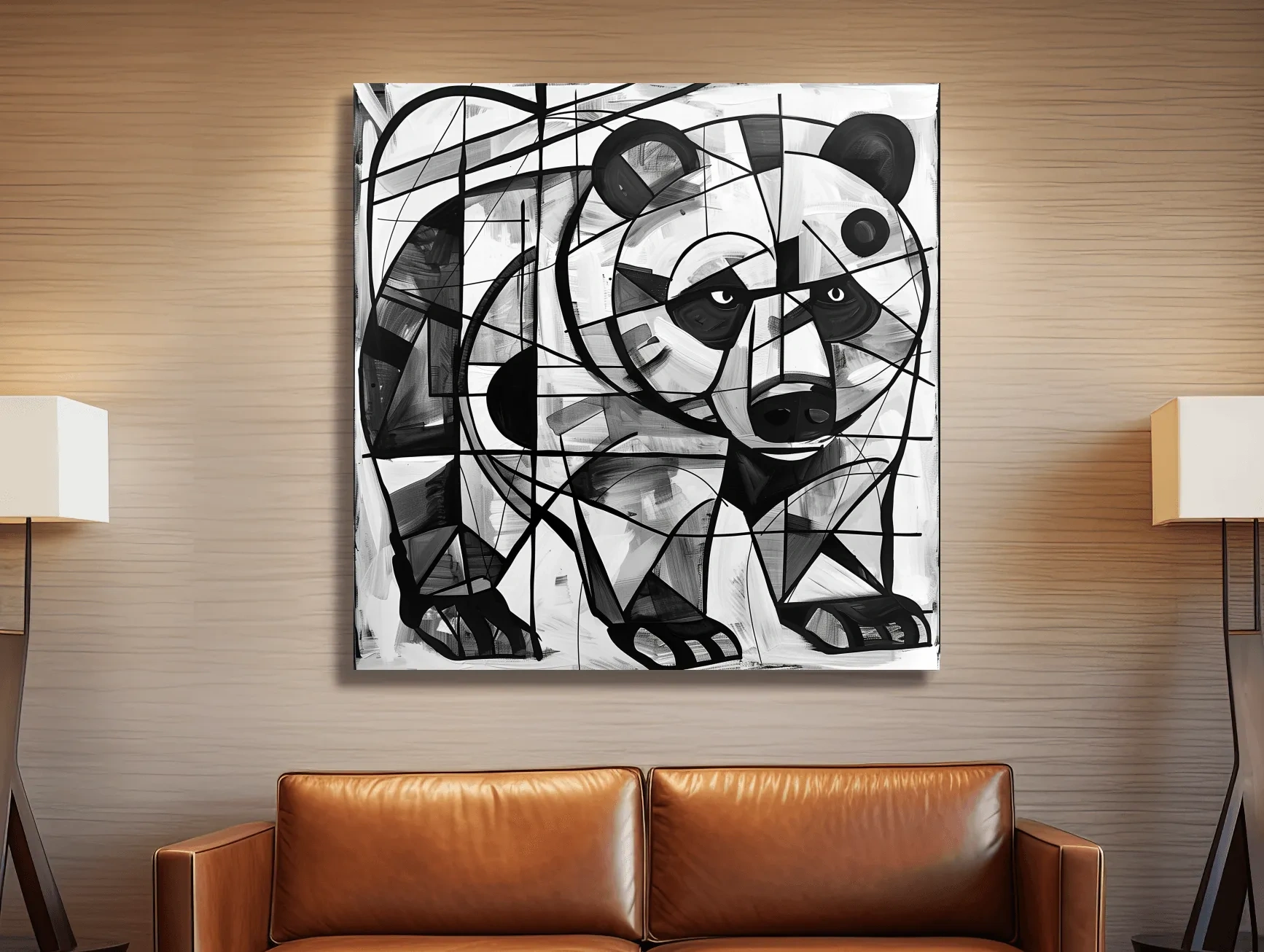 Abstract cubism style painting of a black bear