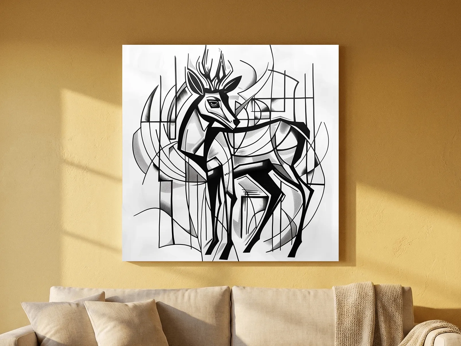 Cubism Abstract Stag Artwork - Modern Black And White Wildlife Wall Art