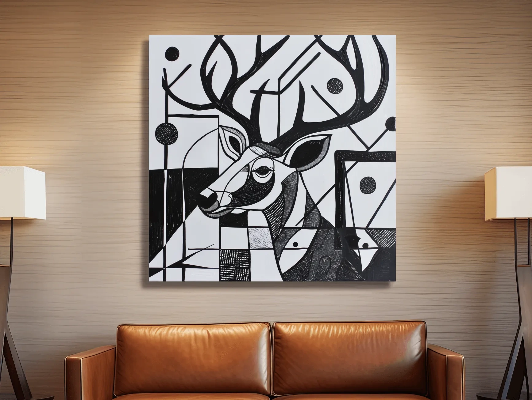 Abstract painting, black & white deer head and antlers artwork