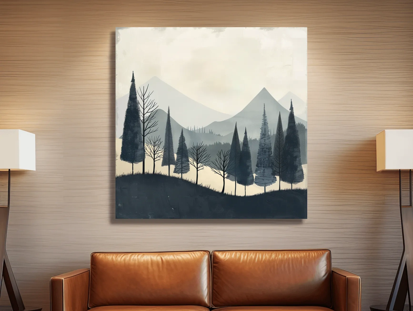 Minimalist Nordic Mountain Forest Landscape - Serene Scandinavian Nature Wall Art