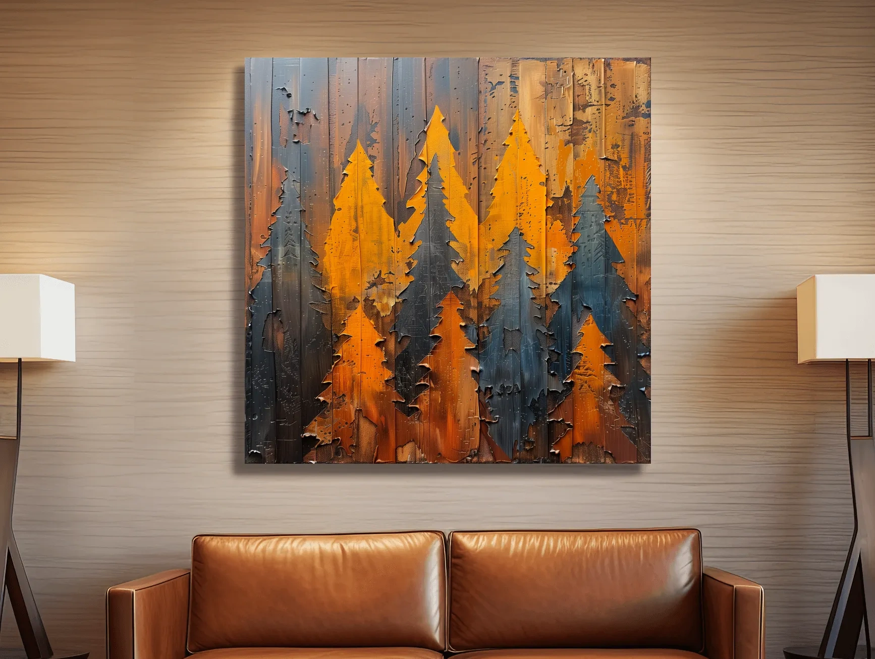 Textured Autumn Pine Forest Silhouettes - Rustic Painted Wood Wall Art