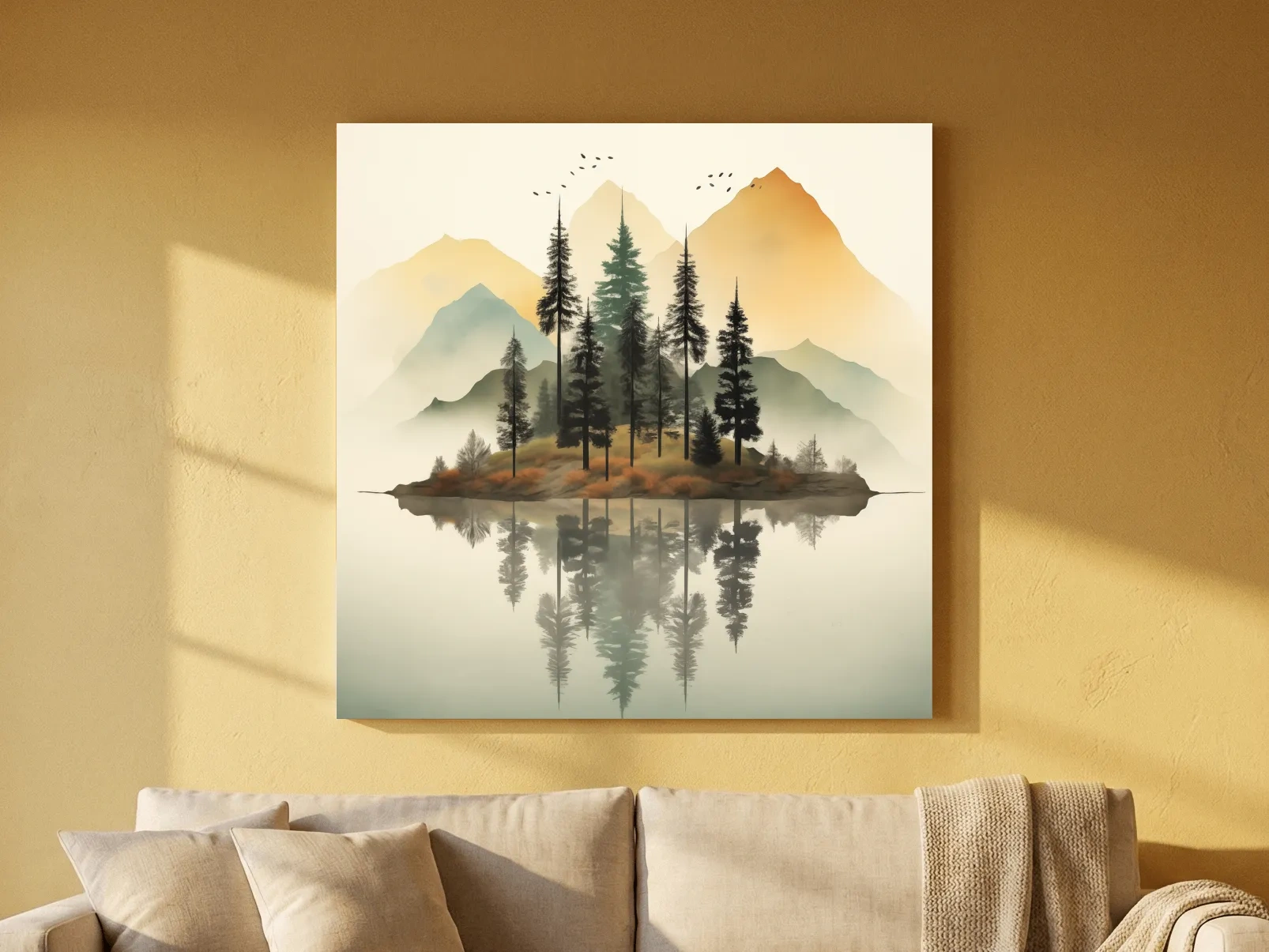 Misty Pine Forest Island Reflection - Minimalist Mountain Lake Wall Art