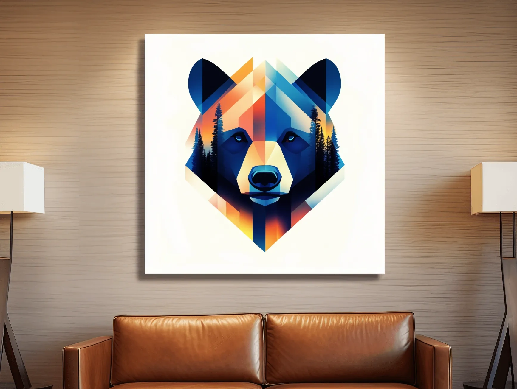 Colorful Geometric Grizzly Bear Forest Portrait - Modern Wildlife Wall Art