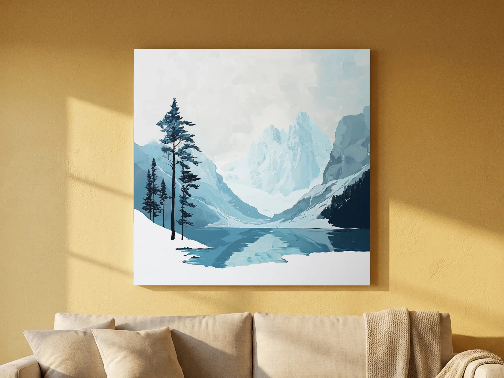 Minimalist Icy Mountain Lake - Scandinavian Winter Landscape Artwork