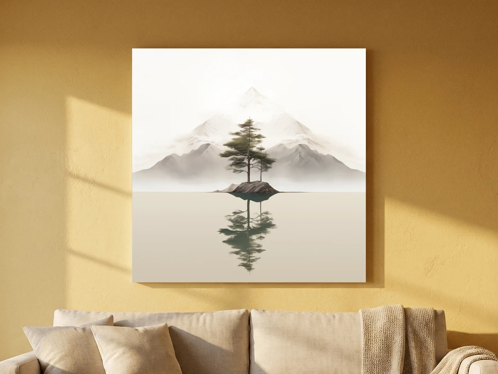 Minimalist Misty Lake Landscape Artwork - Serene Zen Pine Tree Reflection Art