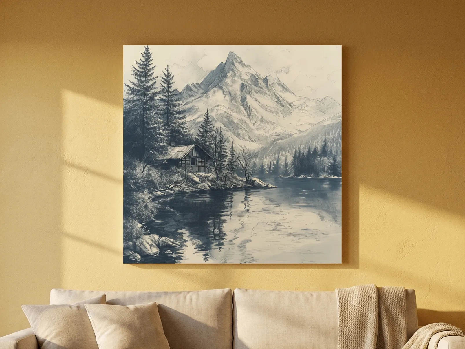 Vintage Alpine Cabin By Mountain Lake - Monochrome Pencil Sketch Landscape Wall Art