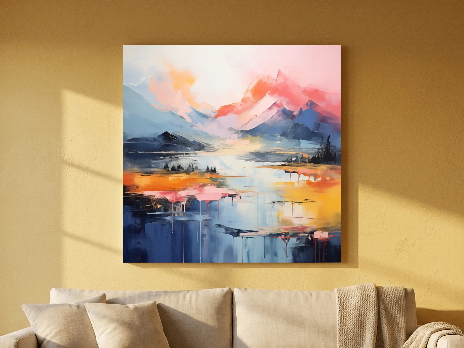 Vibrant Abstract Mountain Lake Sunset Painting - Colorful Modern Landscape Wall Art