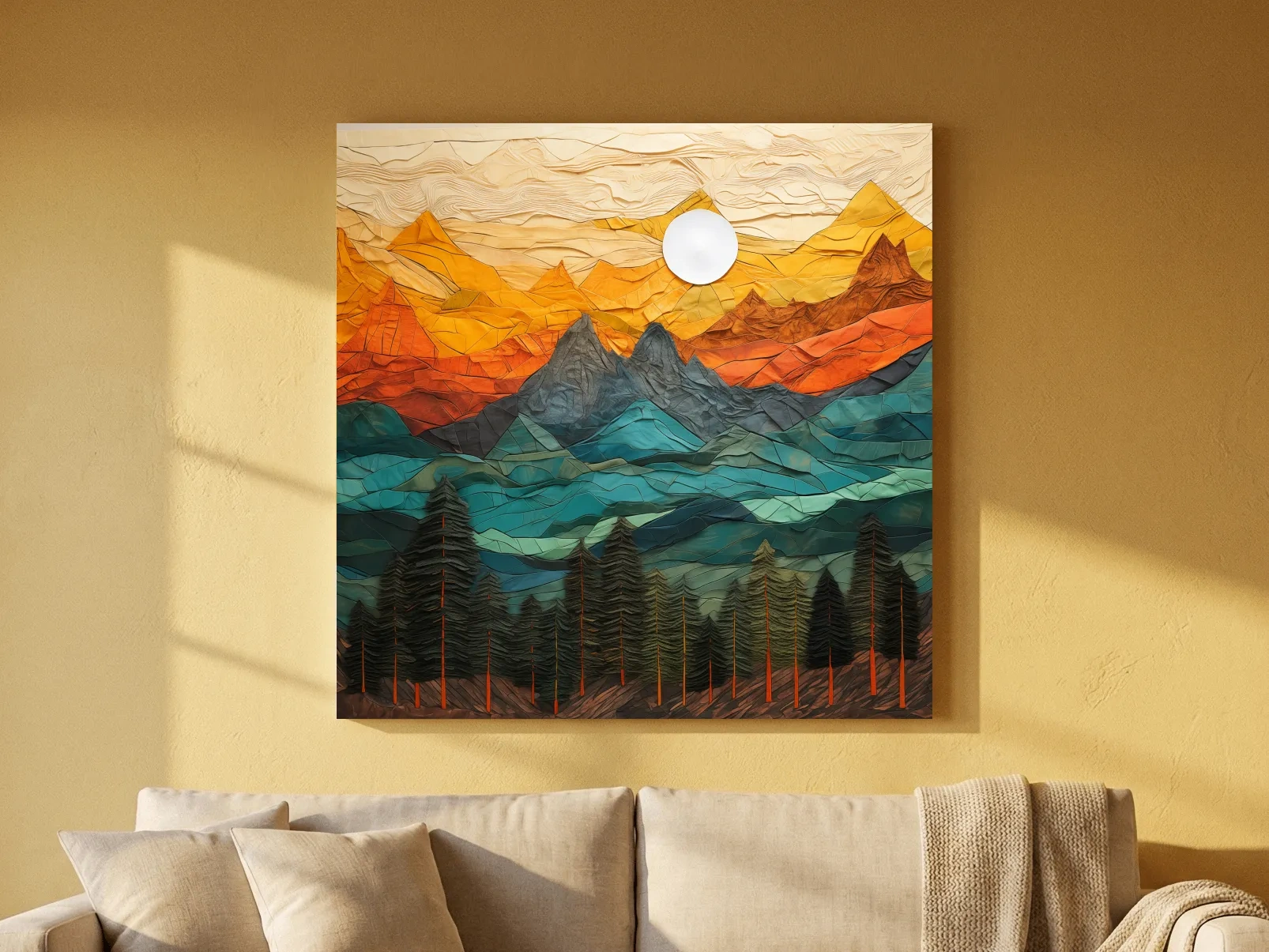 Layered Paper Cut Style Mountain Sunset - Colorful Abstract Forest Landscape Wall Art
