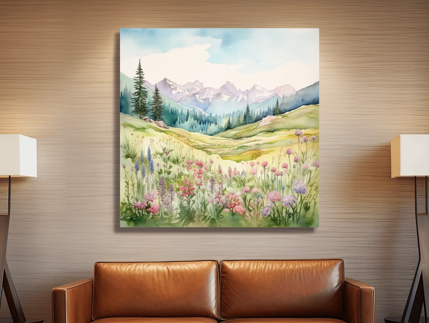 Alpine Meadows Wildflower Watercolour - Pastel Mountains Landscape Wall Art