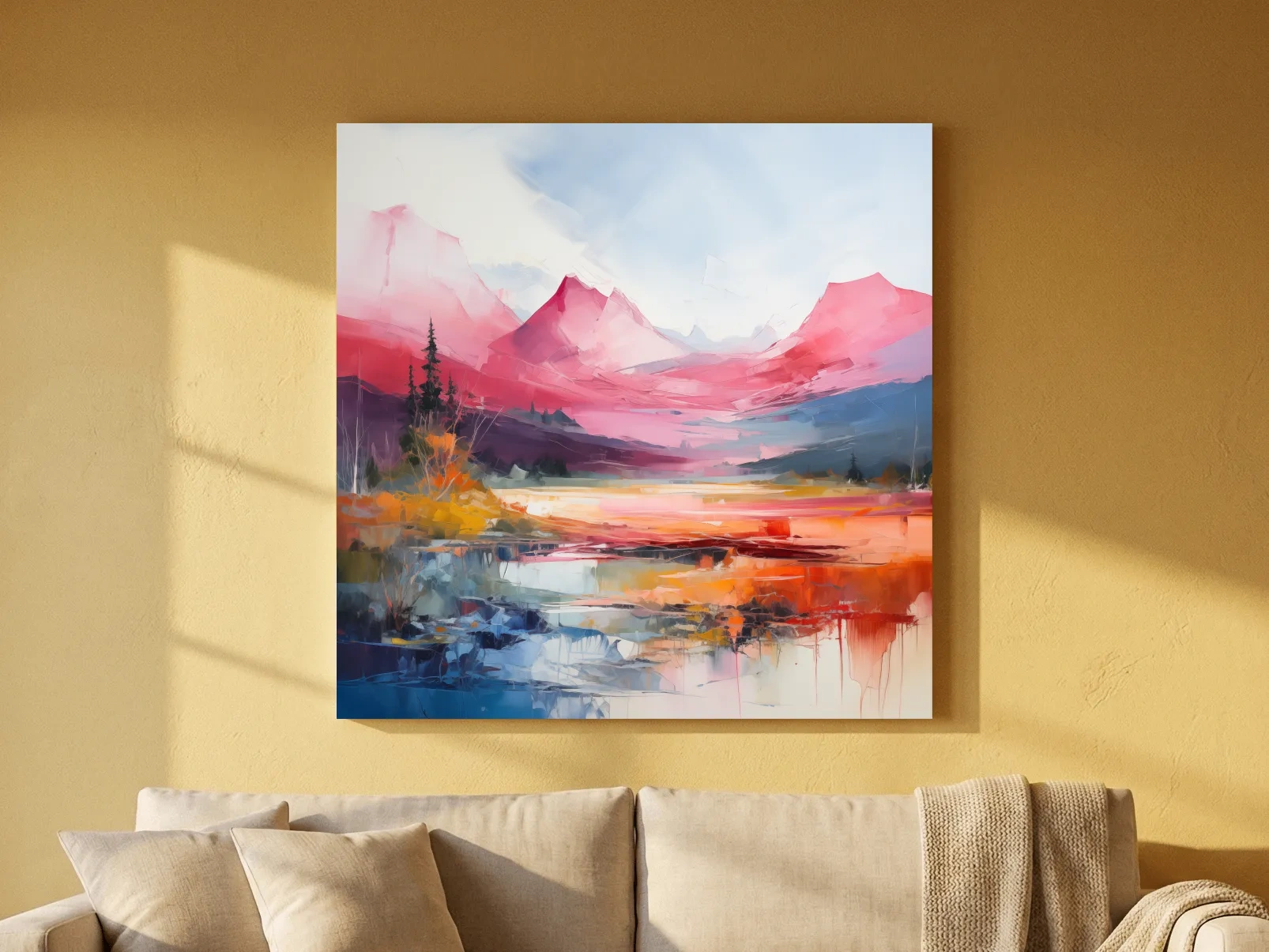 Vibrant Abstract Impressionist Alpine Lake Sunset Painting - Colorful Mountain Wall Art