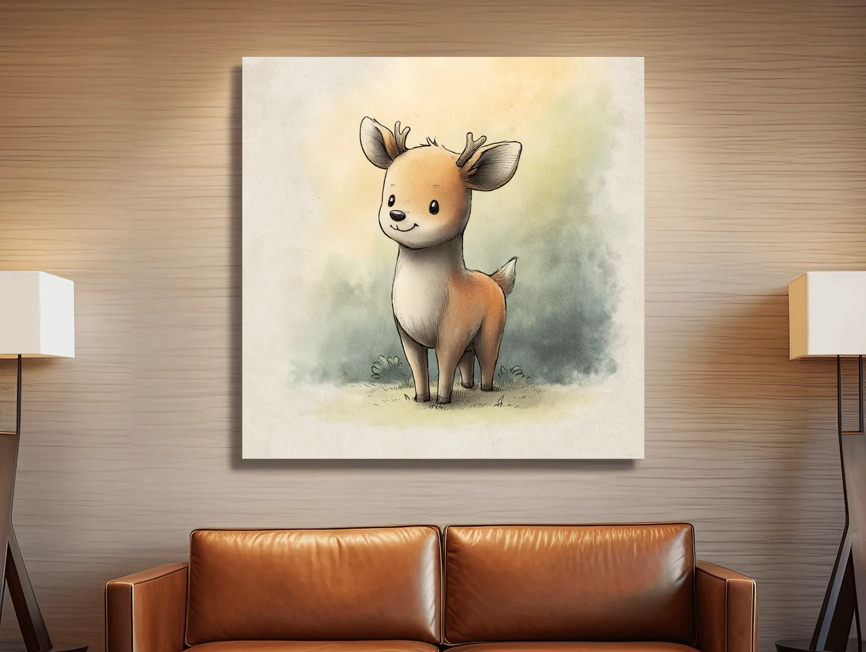 Cute Baby Deer Watercolor Illustration - Whimsical Woodland Nursery Wall Art