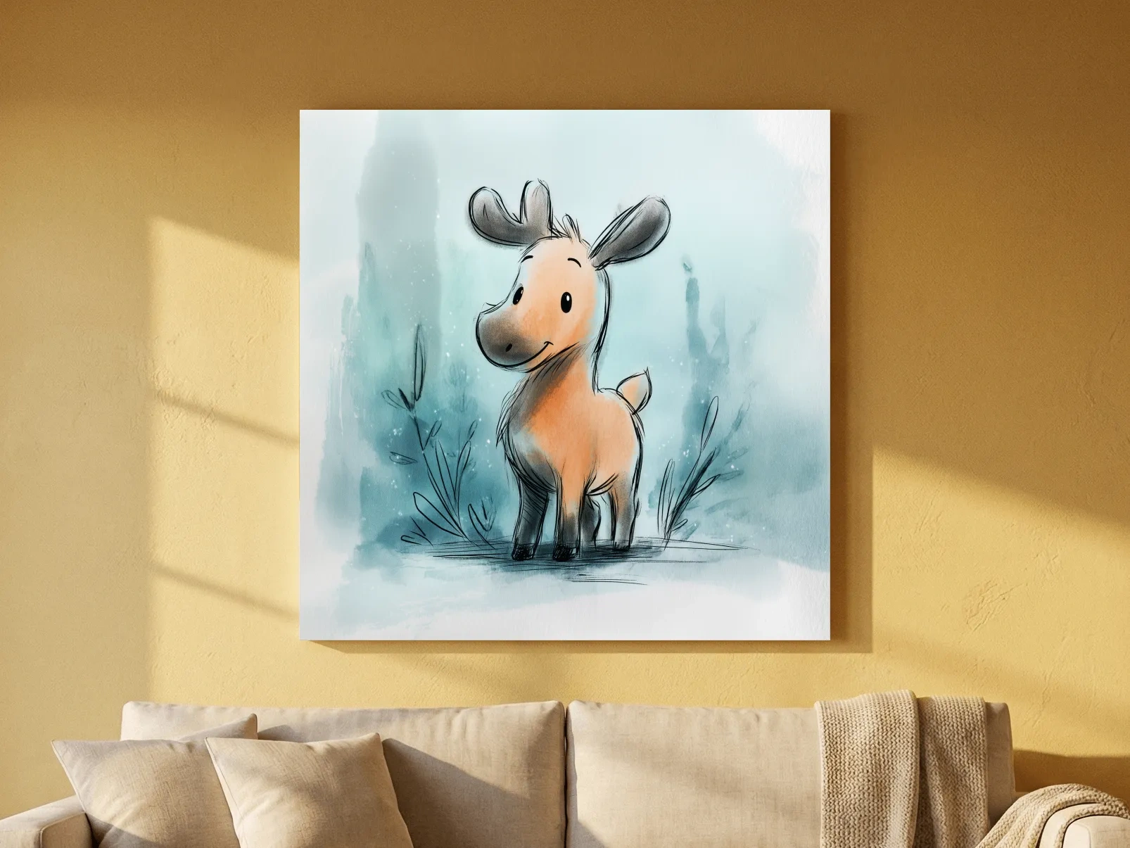 Cute Baby Moose Watercolor Illustration - Whimsical Nursery Wildlife Wall Art