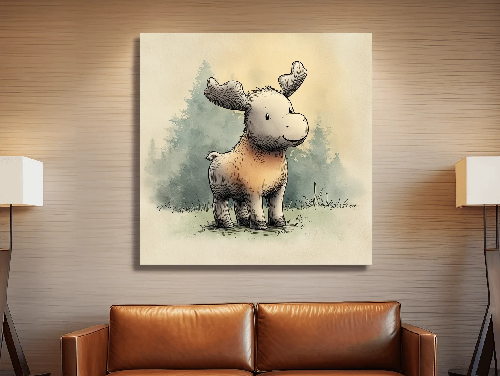 Cute Baby Moose Watercolor Illustration - Woodland Nursery Animal Wall Art