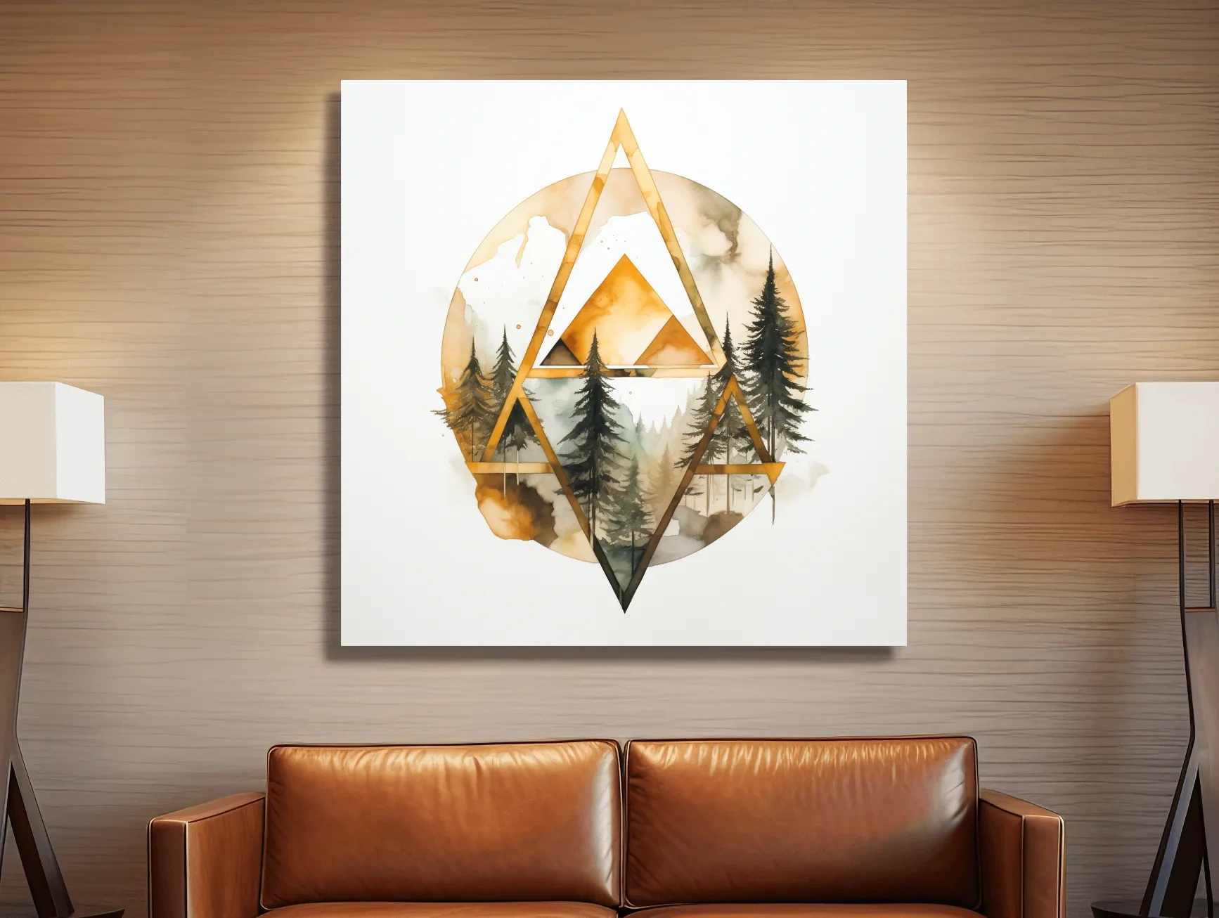Rustic Elegant Watercolor Mountain Pine Forest - Abstract Golden Geometric Nature Wall Art
