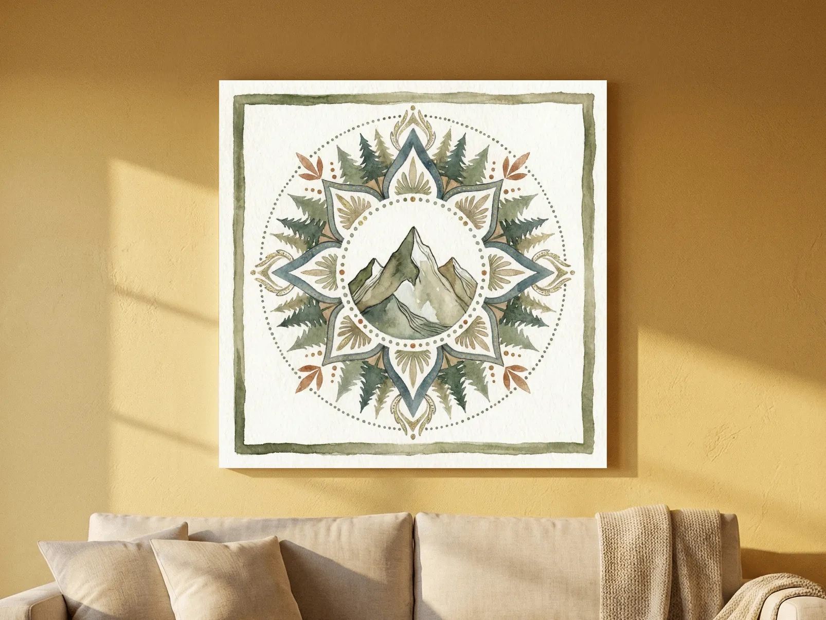 Mountain Mandala Watercolor - Boho Botanical Nature Wall Art