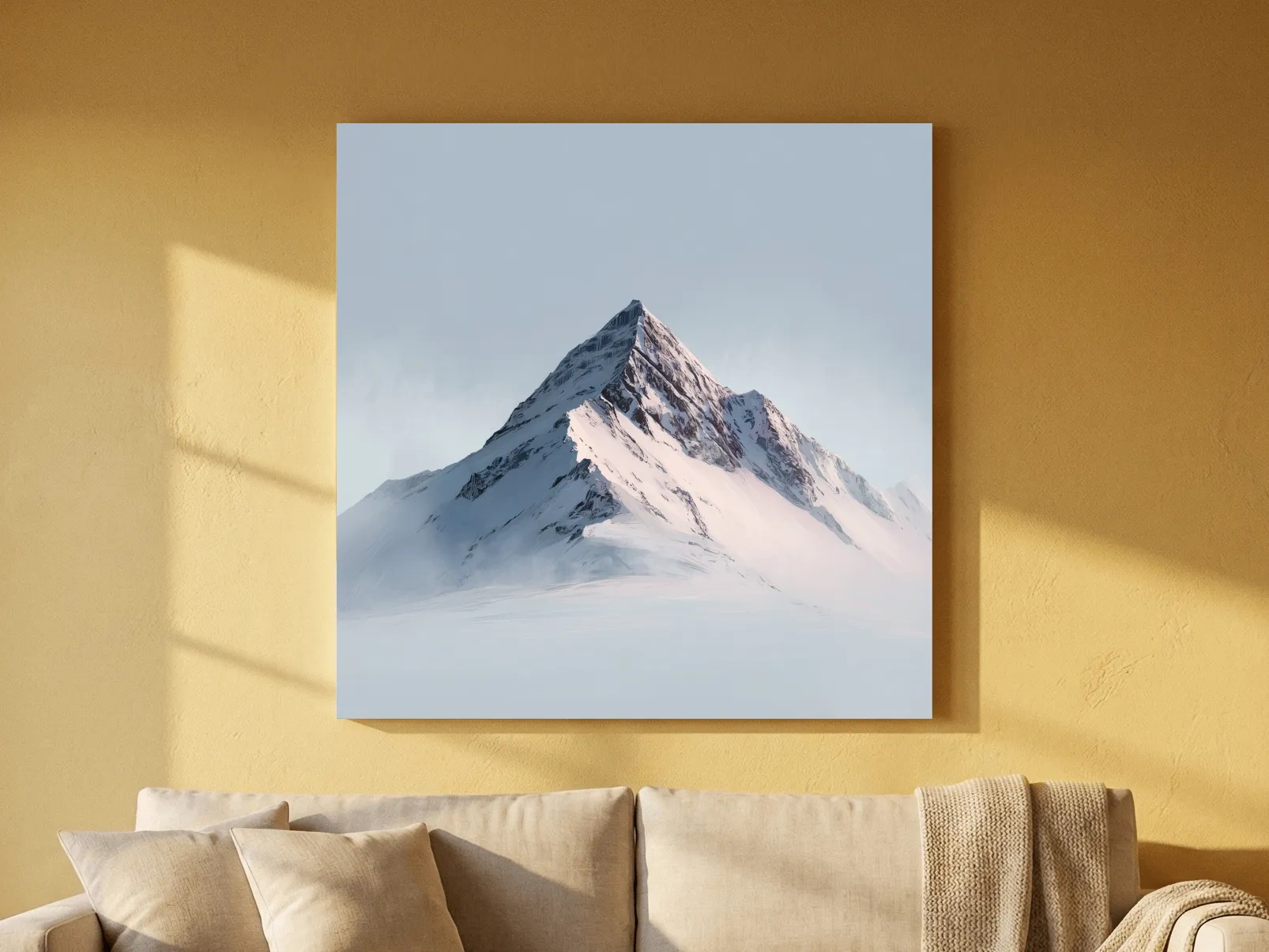 Minimalist Snowy Alpine Peak Painting - Serene Winter Mountain Wall Art