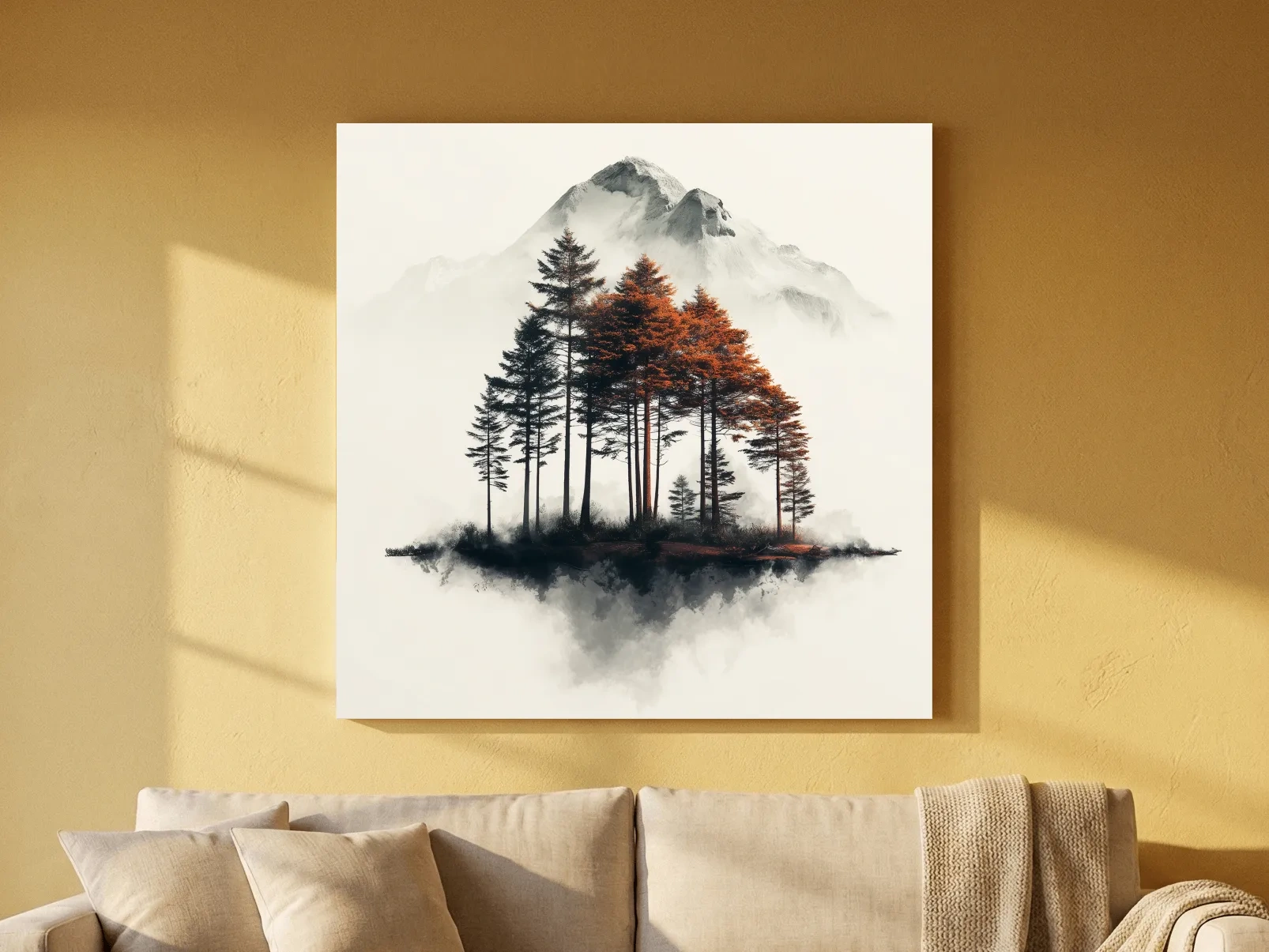 Misty Mountain Pine Forest Watercolor - Autumn Landscape Wall Art