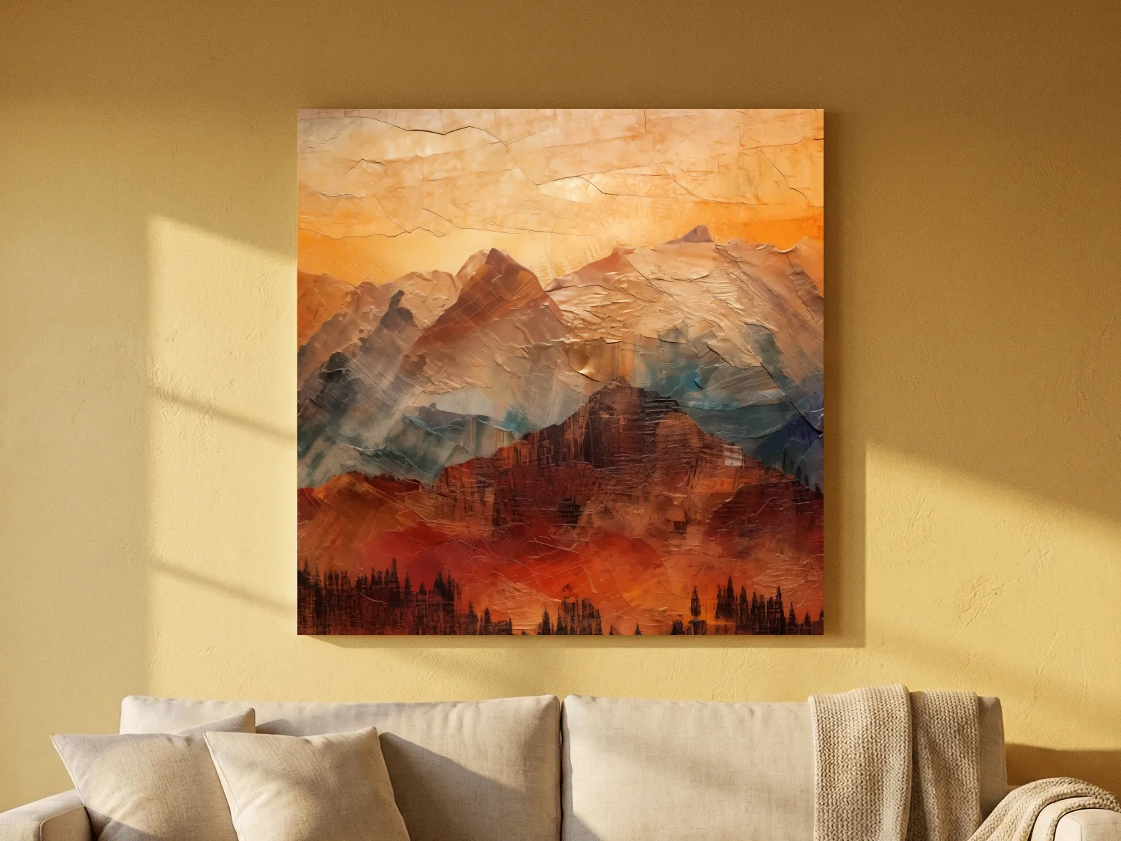 Impasto Style Abstract Mountain Range Sunset - Warm Rustic Landscape Wall Art