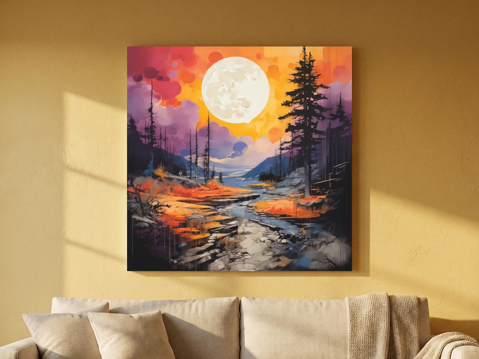 Vibrant River Valley Landscape Illustration - Abstract Sunset Forest Wall Art