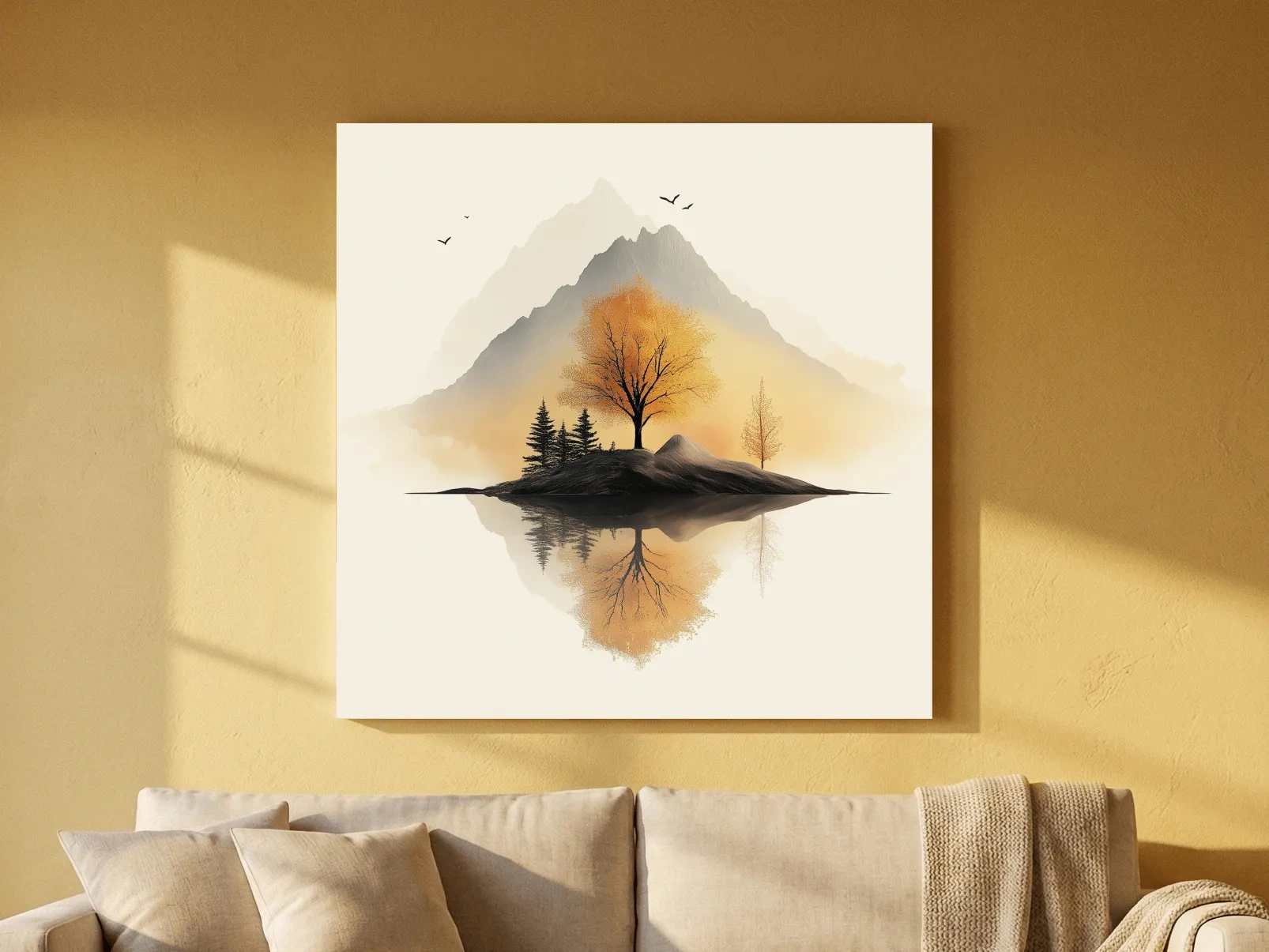 Minimalist Misty Mountain Lake Illustration - Serene Autumn Tree Landscape Wall Art