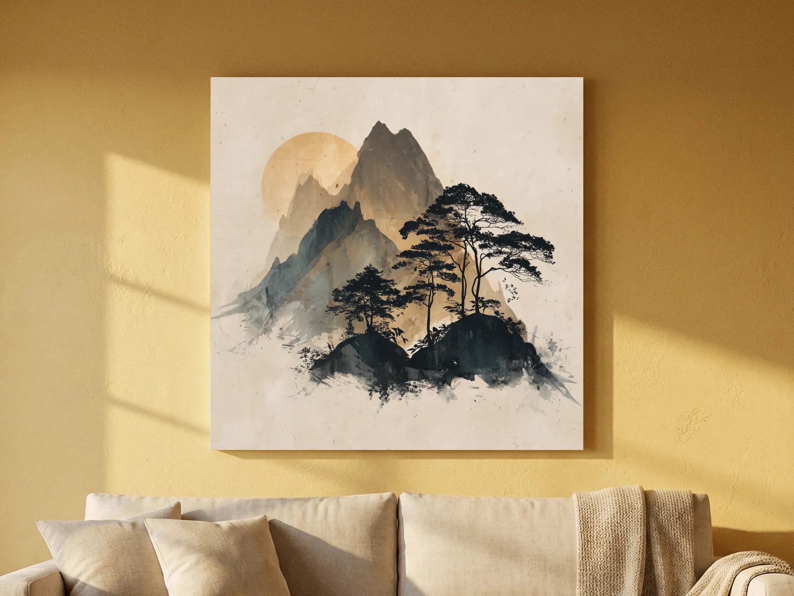 Zen Ink Wash Mountain Sunrise - Minimalist Japanese Pine Landscape Wall Art