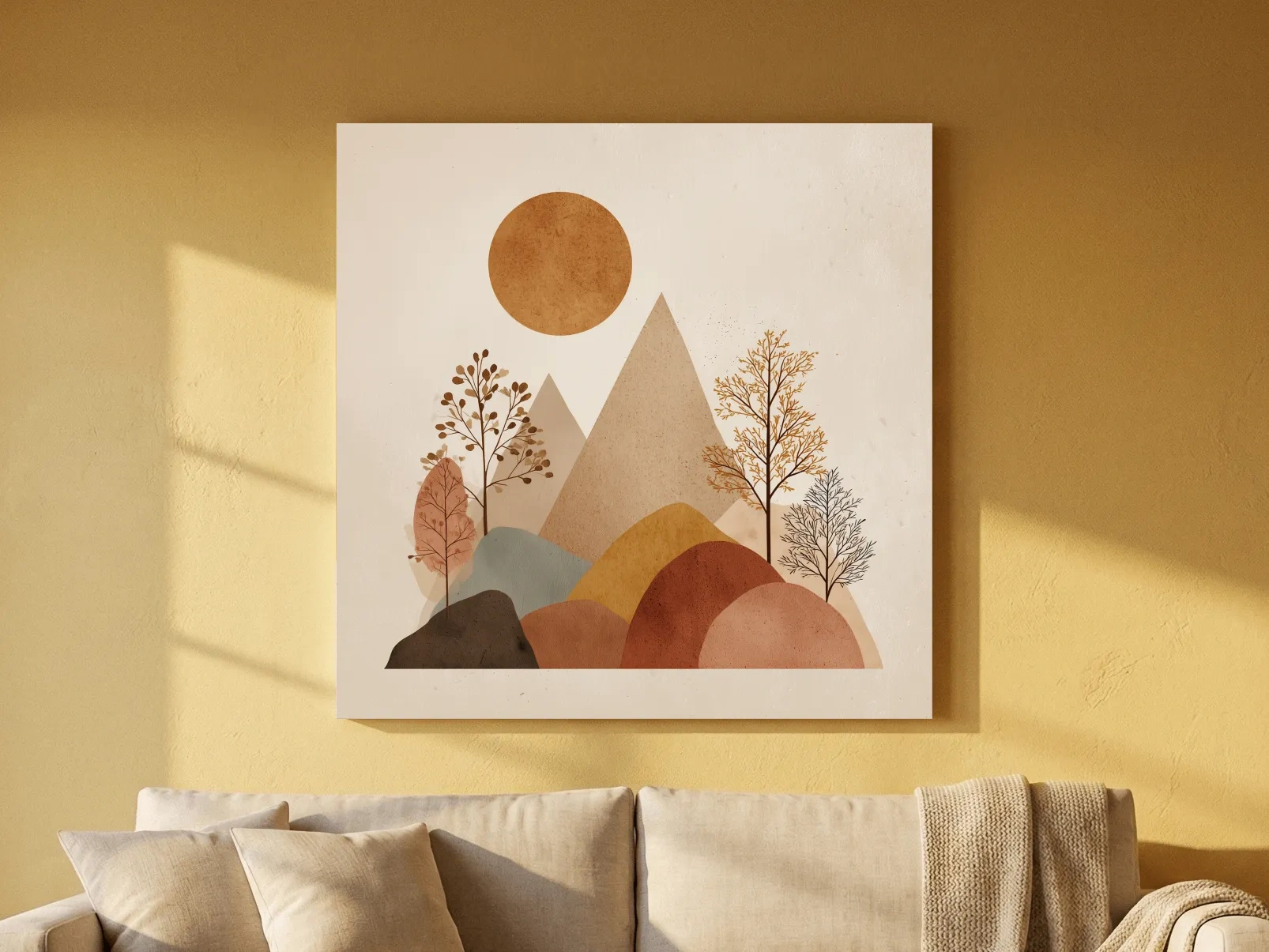 Minimalist Scandi Mountain Sunset Landscape - Boho Neutral Earth Tone Wall Art