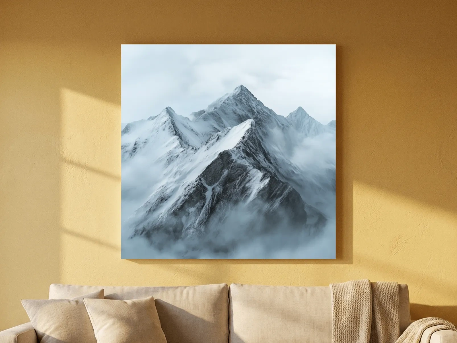 Misty Snowcapped Alpine Peak Landscape - Monochrome Photographic Mountain Wall Art