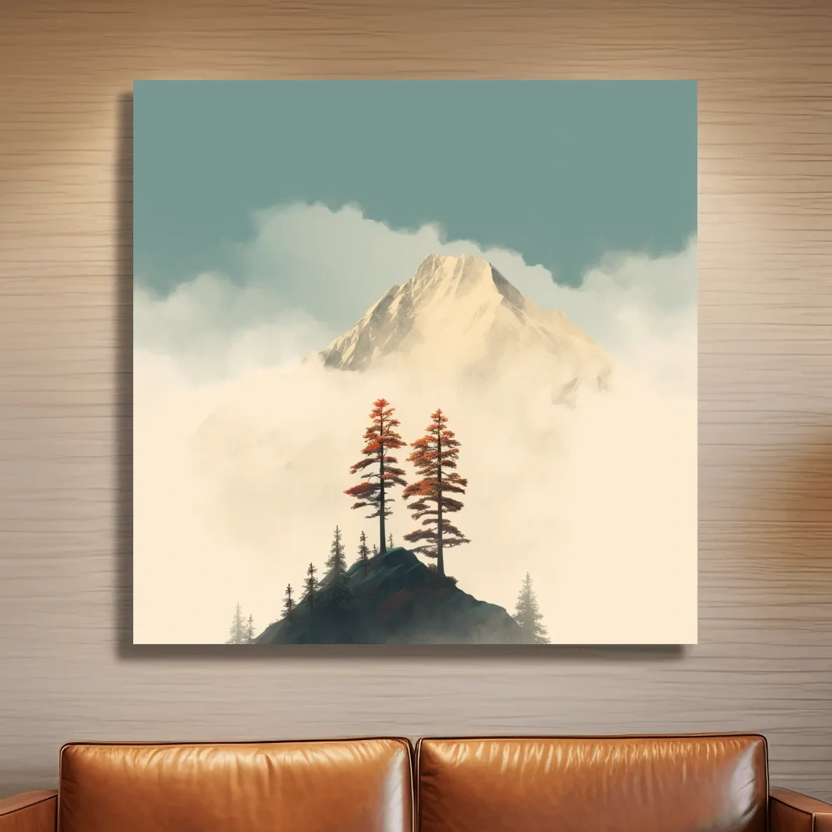 Minimalist art, trees before a glacier in the clouds
