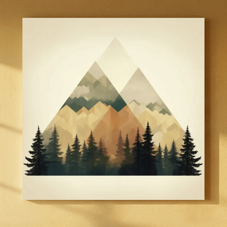 Geometric Mountain Peaks With Pine Forest - Minimalist Scandinavian Alpine Artwork