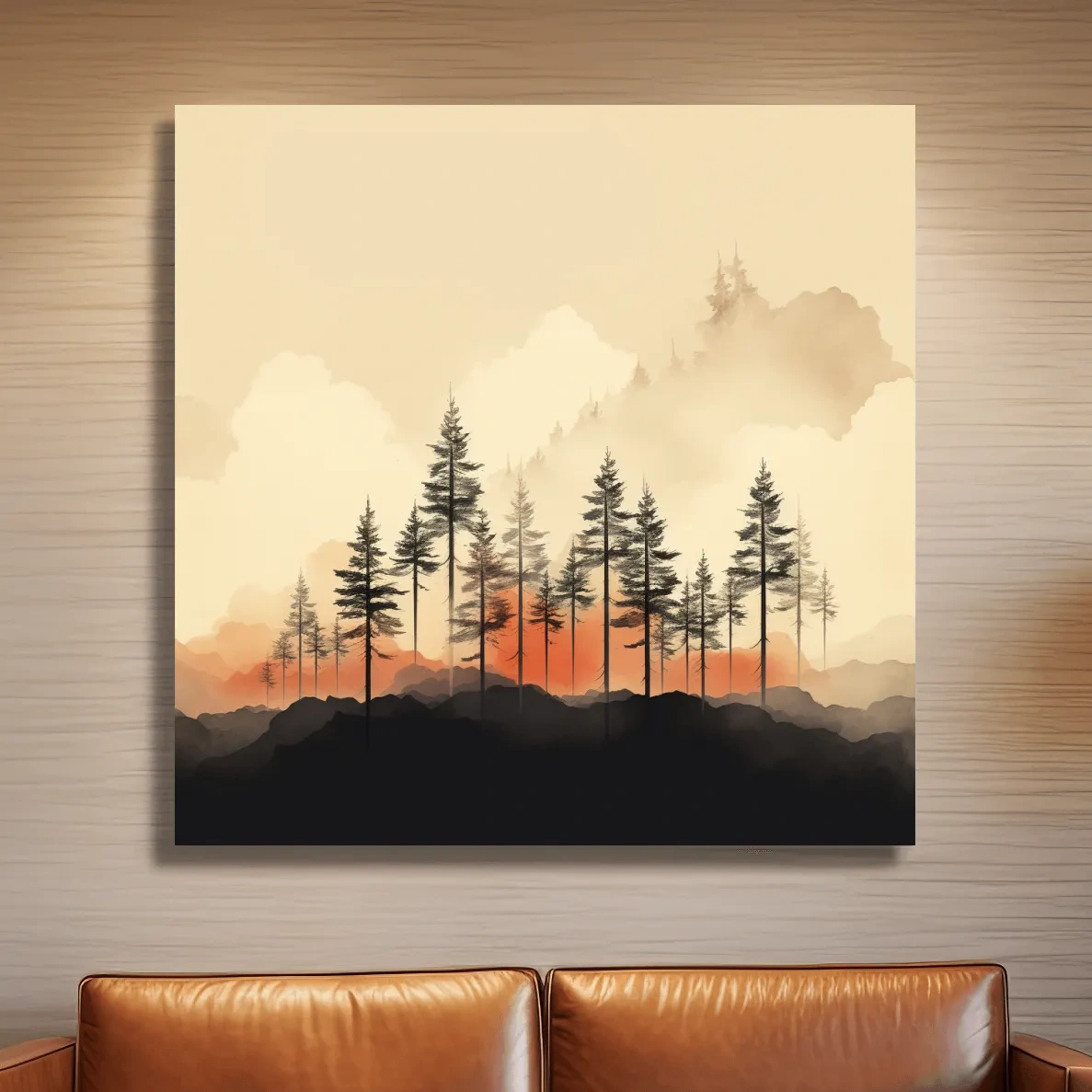 Minimal mountain artwork, tree line in the mist